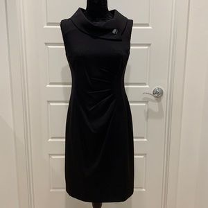 Black Tahari sleeveless dress with waist ruching and beautiful collar detail.